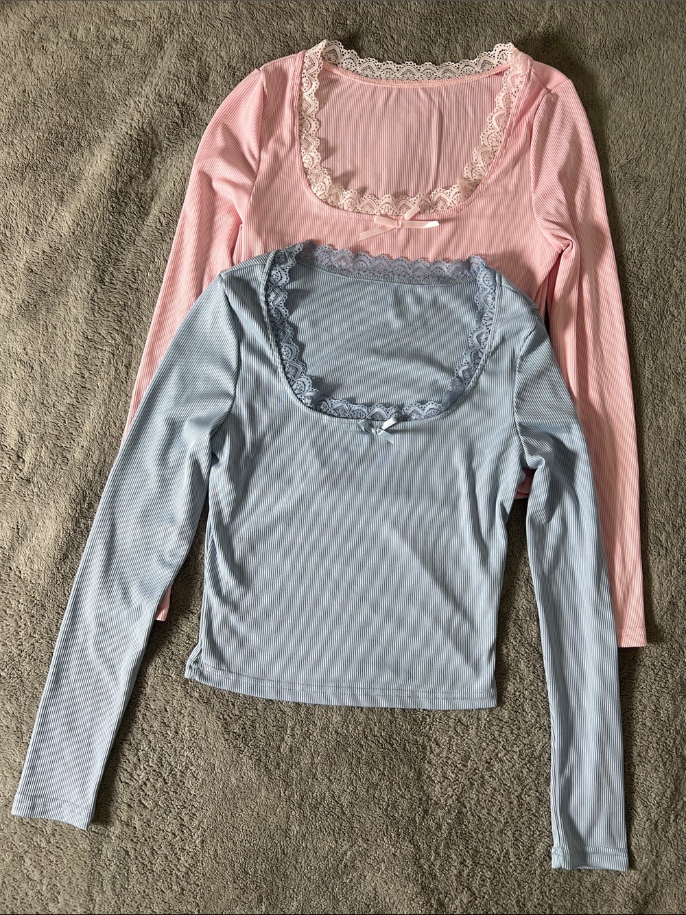 Cider Lace-Trim Scoop Neck Long Sleeve Top - Pink & Light Blue